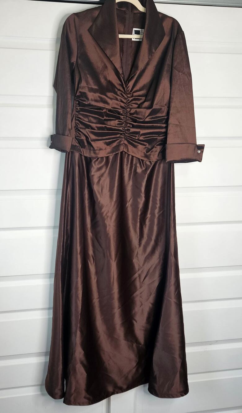 Vintage 90s Tadashi Chocolate Brown Stretch Ruched Portrait Collar Gown Size 14